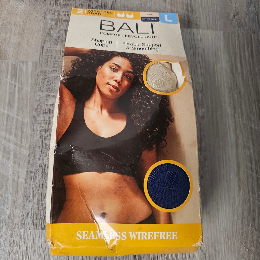 Bali Comfort Revolution DF3488 2 Pack Wirefree Bras Womens‎ L Navy Nude NIB
